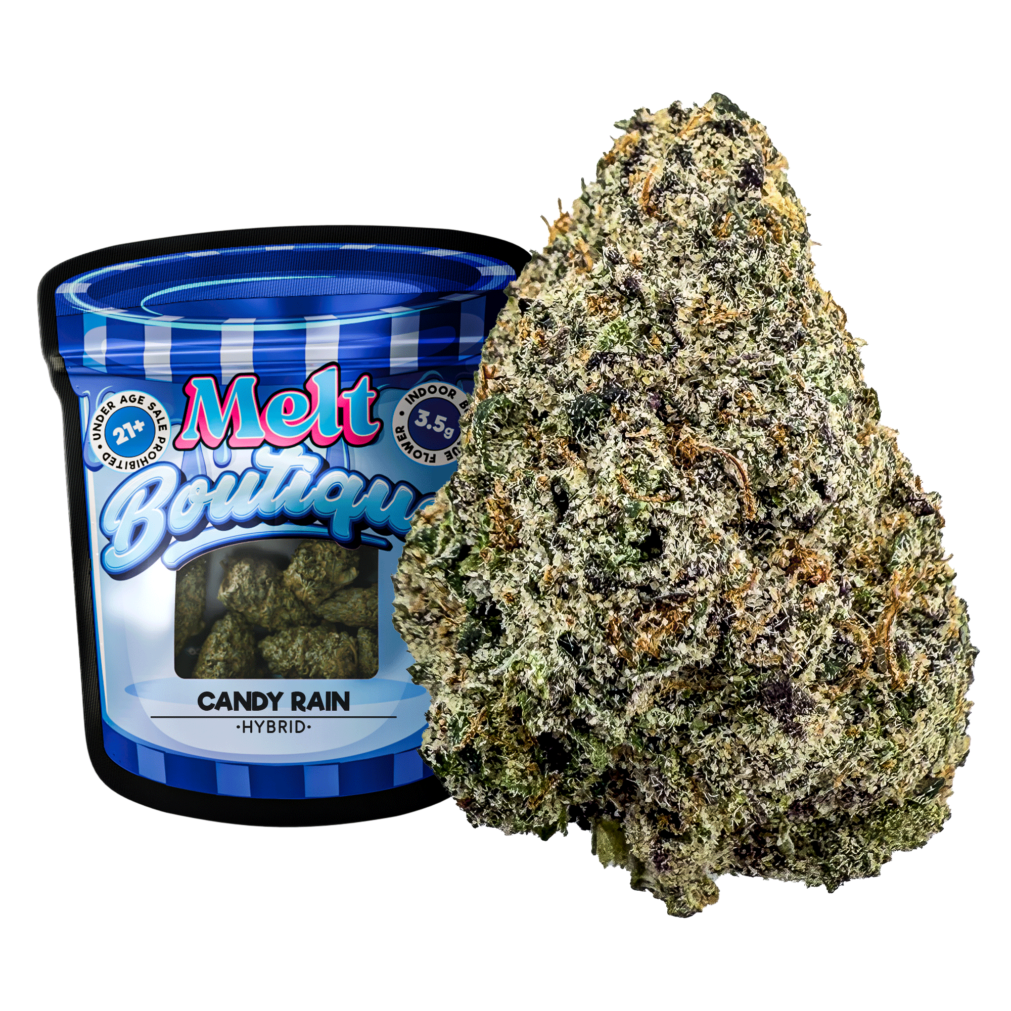 Boutique Craft Indoor THCA flower with Candy Rain strain packaging, showcasing rich color and texture.