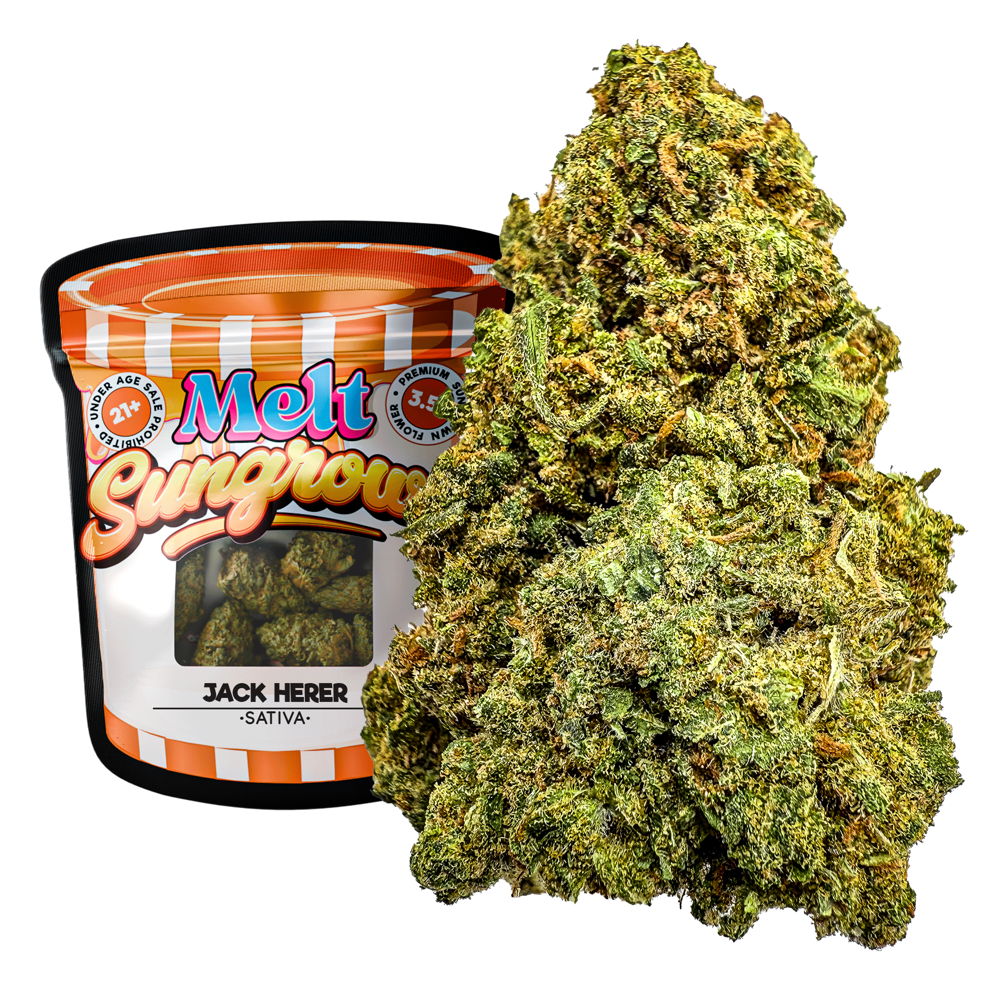 Premium Sun Grown cannabis with Jack Herer strain THCA flower in a colorful container.