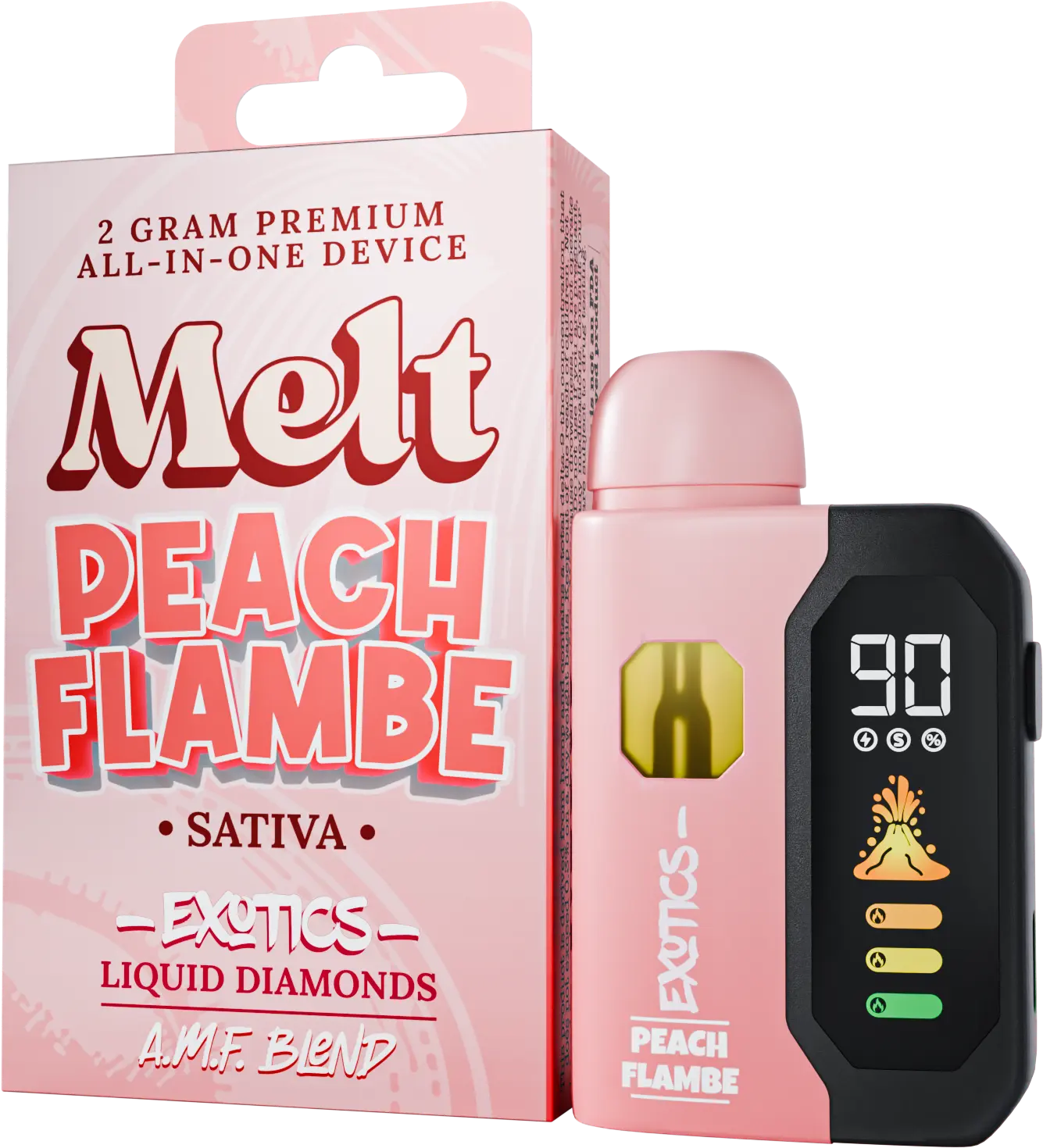 Melt Peach Flambe: 2 gram premium All-In-One Device for relaxing with HHC vapes and THCA flower.