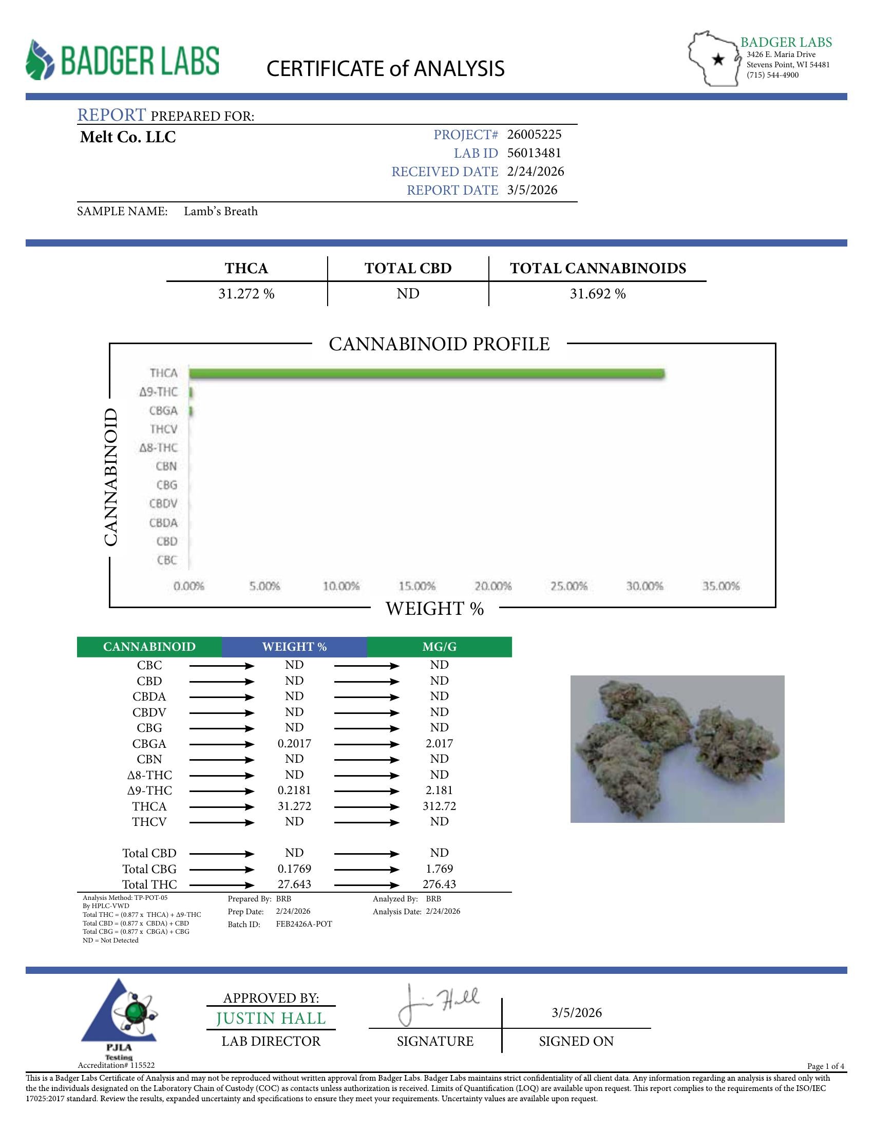 Lab report — Lamb's Bread THCA potency analysis