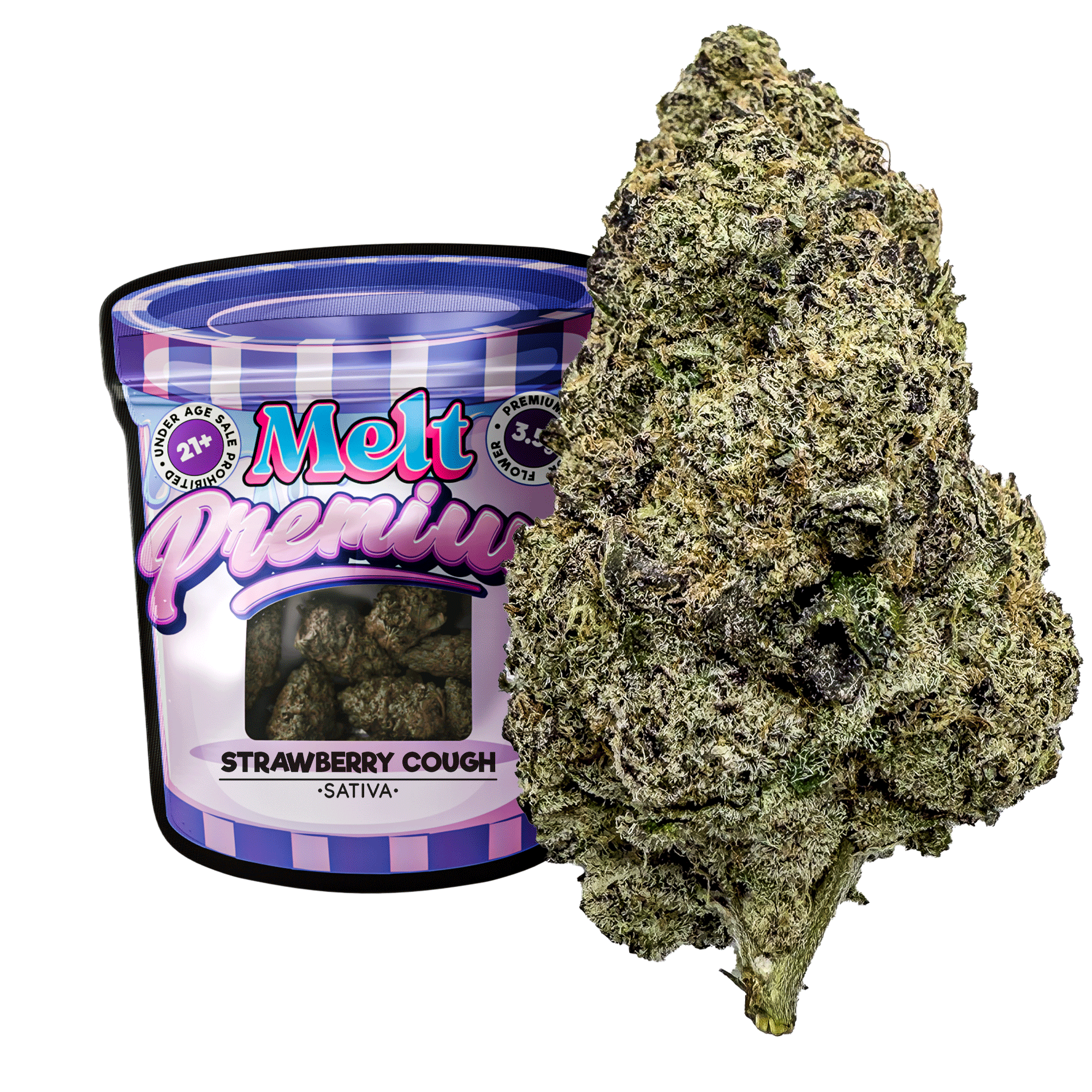 Strawberry Cough Sativa – Premium Indoor Flower | Smalls  Mylar Sealed Packaging with cannabis flower.