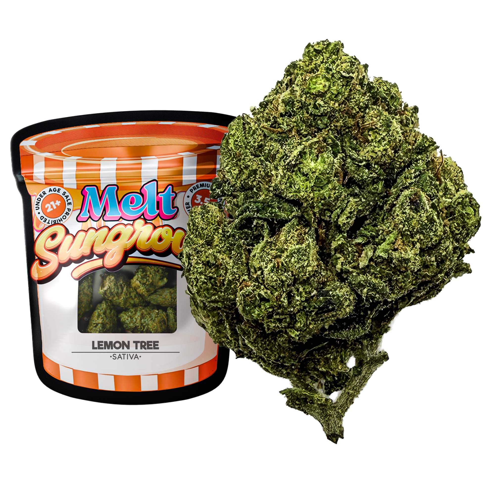 Lemon Tree Sativa THCA Flower - Sungrown Cannabis Smalls | Uplifting Sativa Lemon Citrus Flavor in a jar with buds.