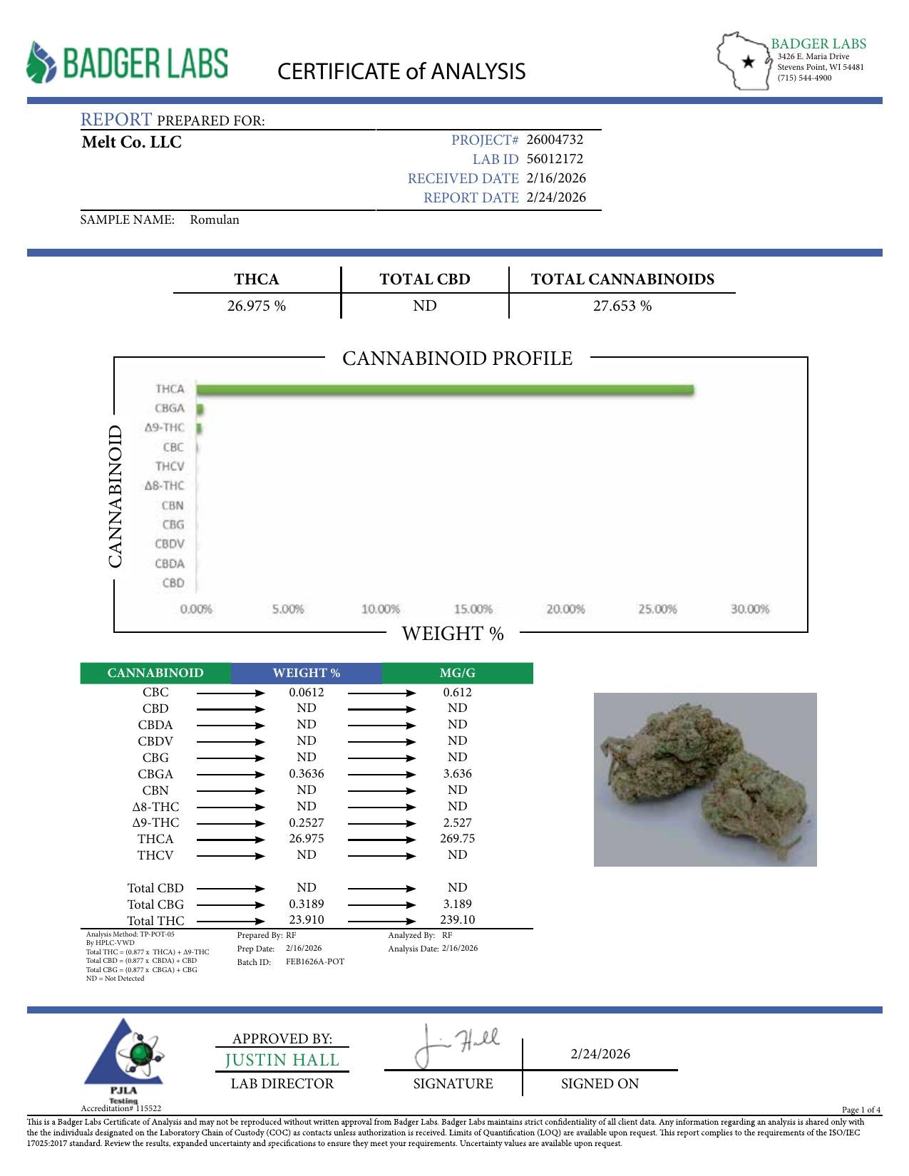 Lab report - Romulan THCA potency analysis
